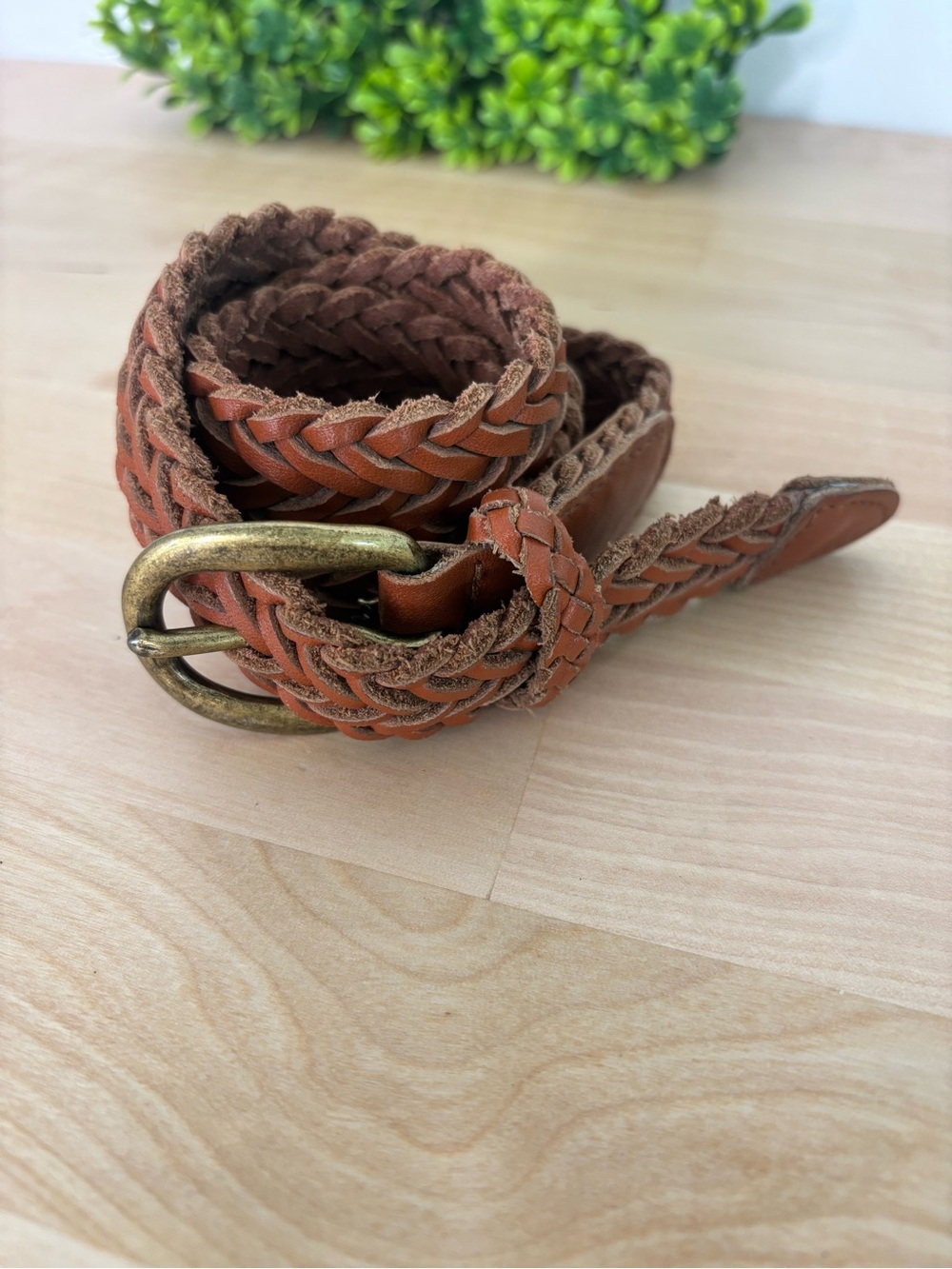 Woven Leather Belt in Brown with Antique Brass Buckle sz S
